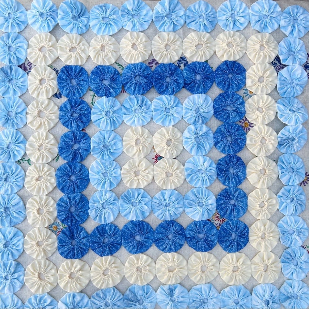 Vintage Antique Blue YoYo Art Quilt Square Block Handmade Farmhouse 20” X 20”